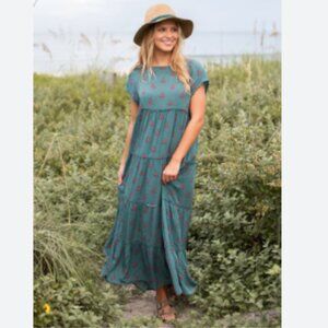 Natural Life teal floral tiered dress, size L/XL